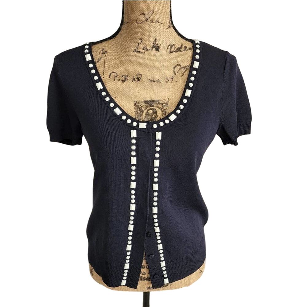 LOFT soft stretchy white beaded navy jacket cardigan size small